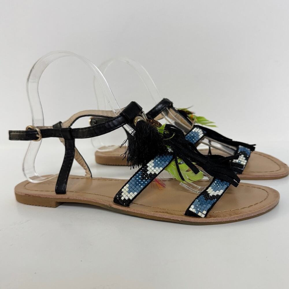 Ideal Shoes Beaded Fringe Cage Flat Sandals Boho Feathers EU 39